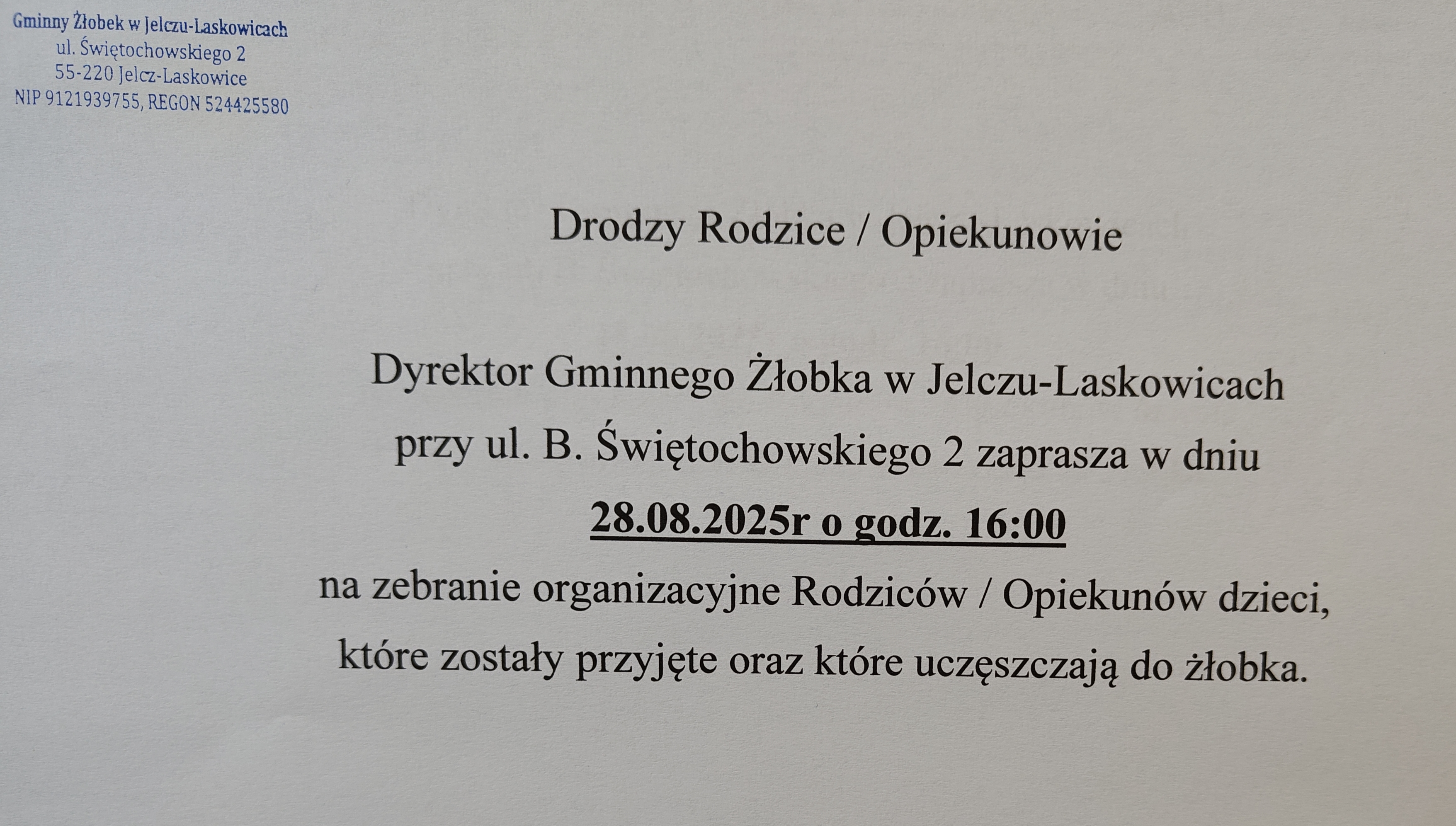 Komunikat o&nbsp;zebraniu dnia 28.08.2025 o&nbsp;godz. 16:00 w&nbsp;Gminny Żłobku przy pl. B. Świętochowskiego 2.